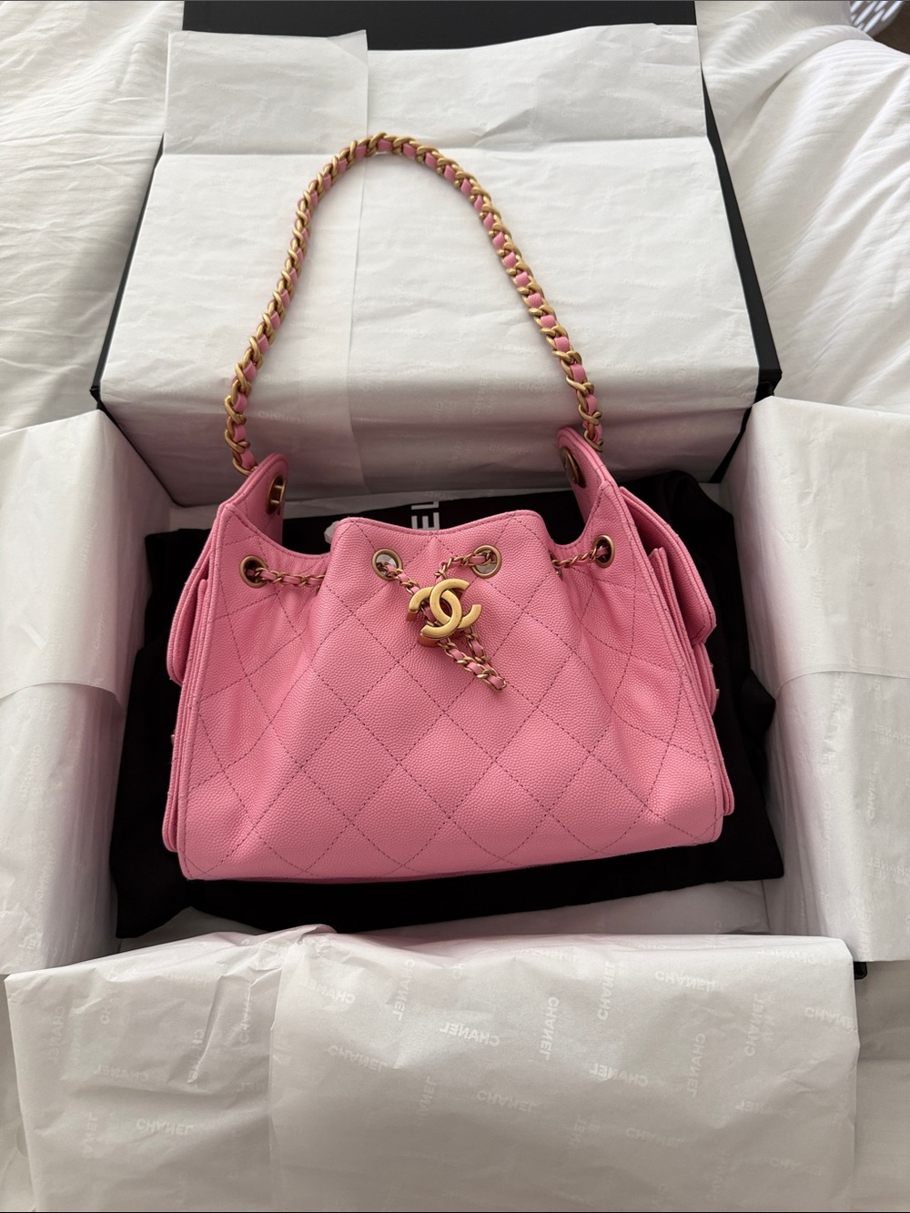 NWT CHANEL MINI Pink 25 Quilted Drawstring Shoulder Bag with Gold Chain